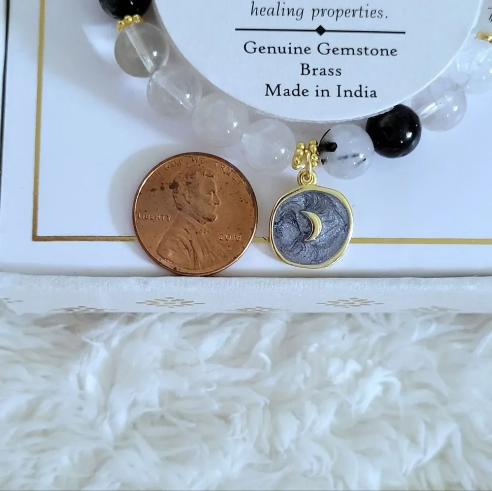 Shivam Mixed Quartz Stretch Bracelet with Crescent Moon🌙 Charm - NIB